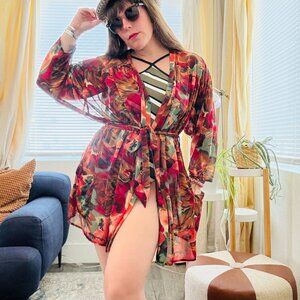 Vintage Swim Cover Up 90s Jantzen Floral Belted Sheer | Size M/L